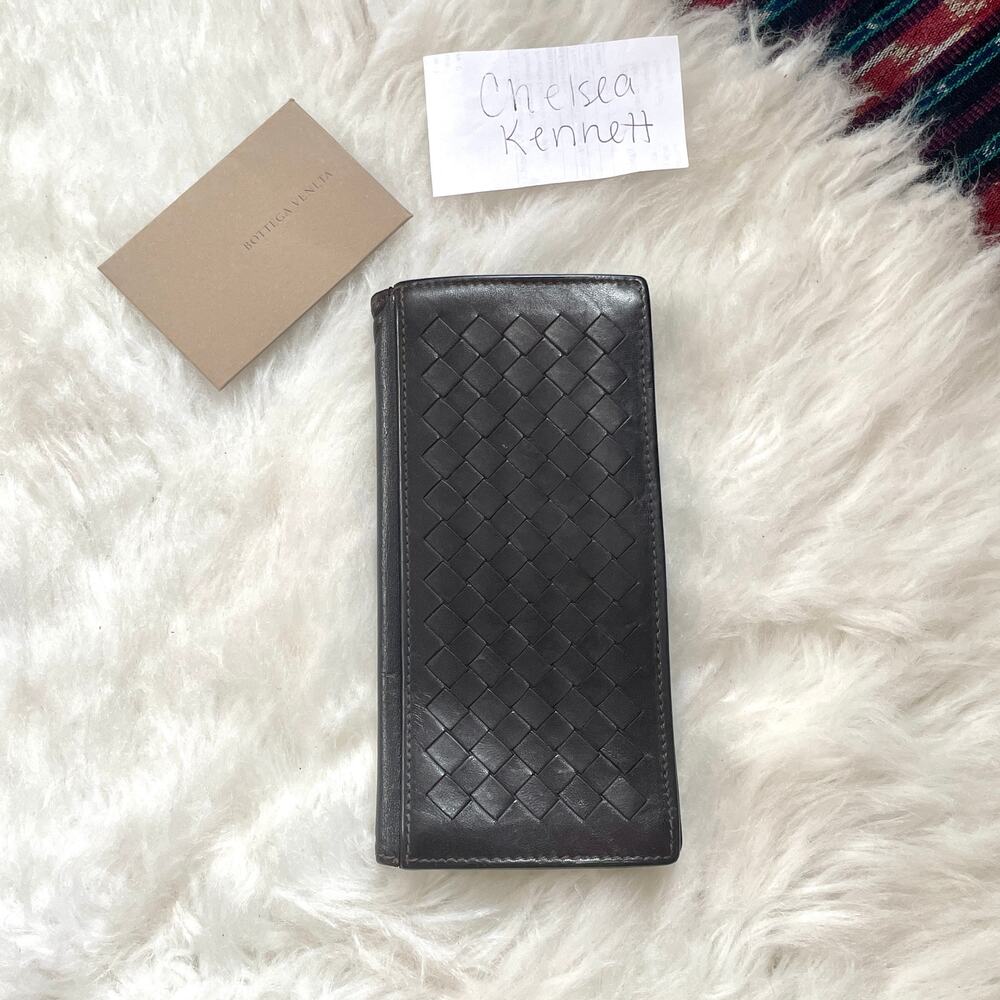 Bottega Veneta Intrecciato Bi-fold Woven Long Dark Brown Vertical Wallet